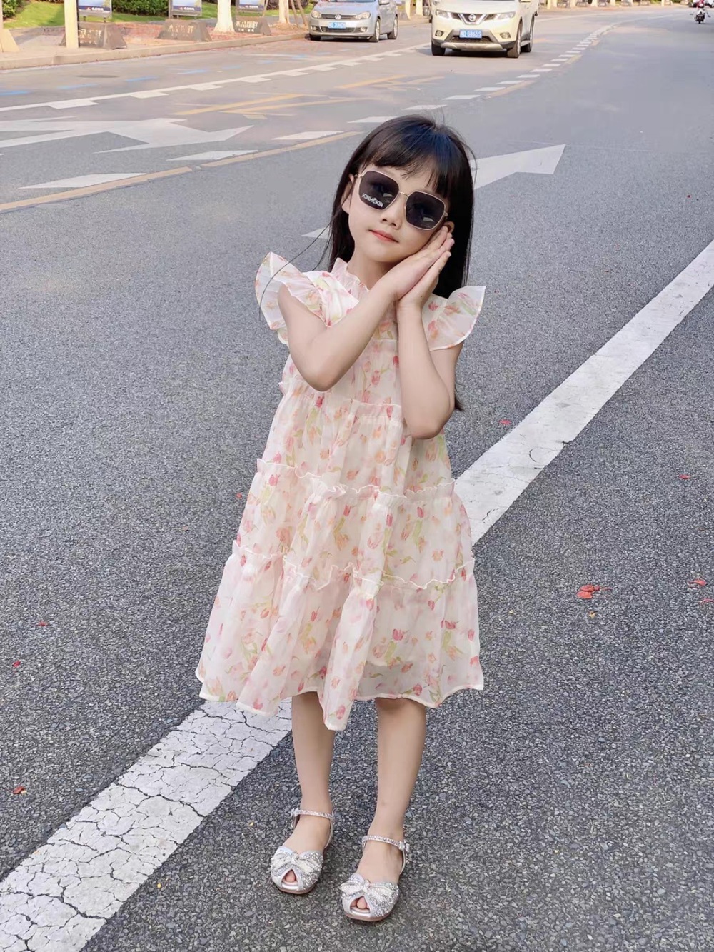Girls' Floral Tiered Chiffon Dress - Pink 6-7 - Picture 7 of 12